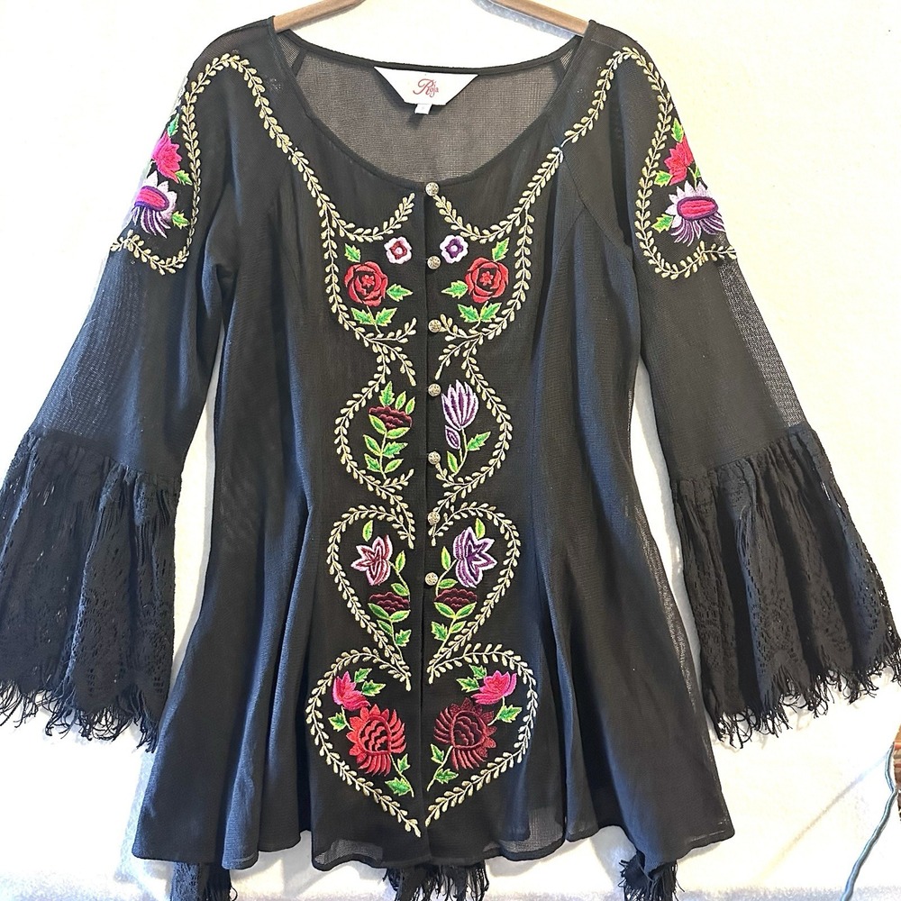 ROJA Tunic S Small Eyelash Lace Southwestern Embroidered‎ Sheer Top Romantic